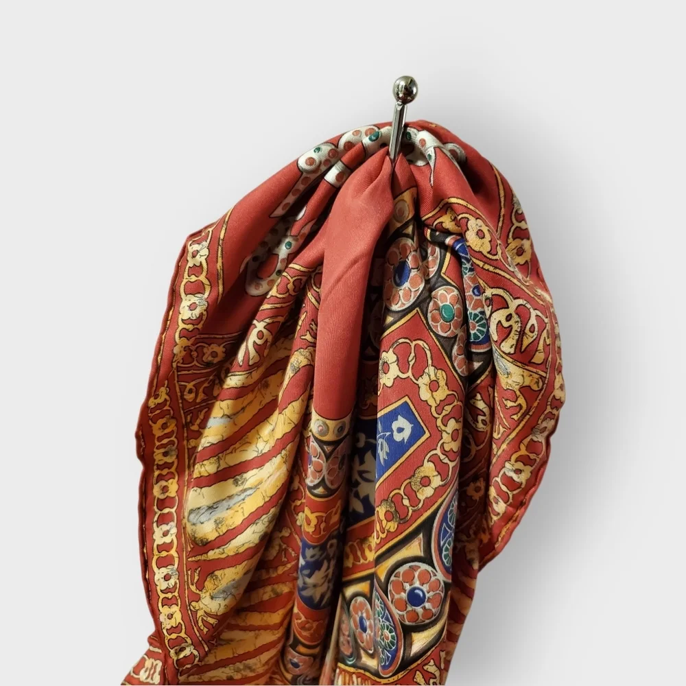 DIOR Vintage Red, Gold & Blue Silk Scarf - Intricate Hand Rolled Edges 90 Square